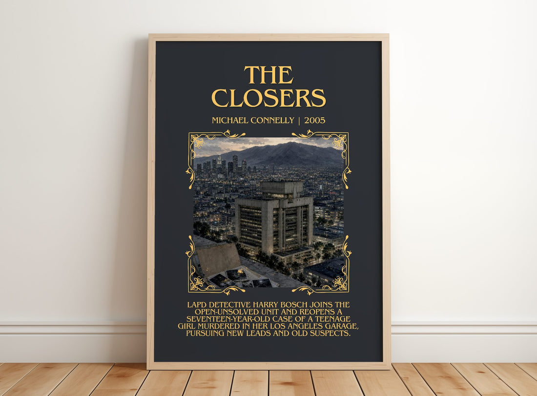 The Closers Minimalist Book Poster by Michael Connelly – framed print leaning on a wooden floor