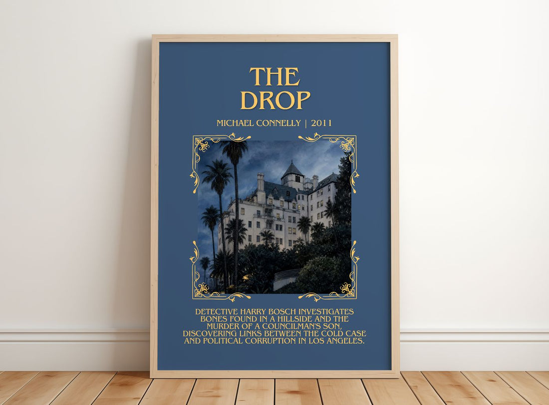 The Drop Minimalist Book Poster by Michael Connelly – framed print leaning on a wooden floor