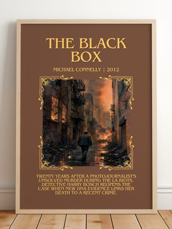 The Black Box Minimalist Book Poster by Michael Connelly – framed print leaning on a wooden floor