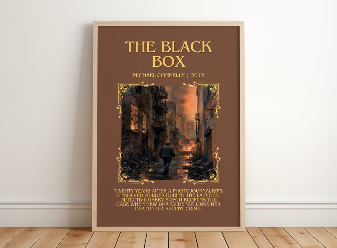 The Black Box Minimalist Book Poster by Michael Connelly – framed print leaning on a wooden floor