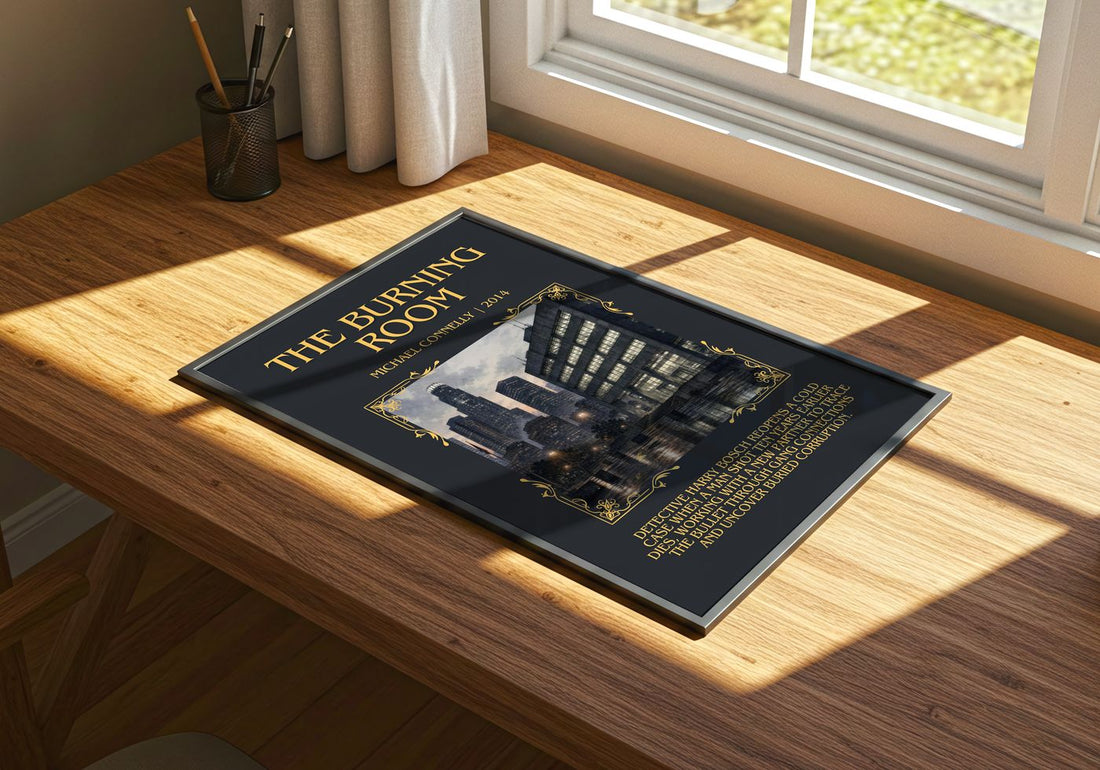 The Burning Room Minimalist Book Poster by Michael Connelly – print on a sunlit desk