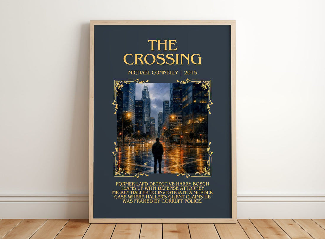 The Crossing Minimalist Book Poster by Michael Connelly – framed print leaning on a wooden floor