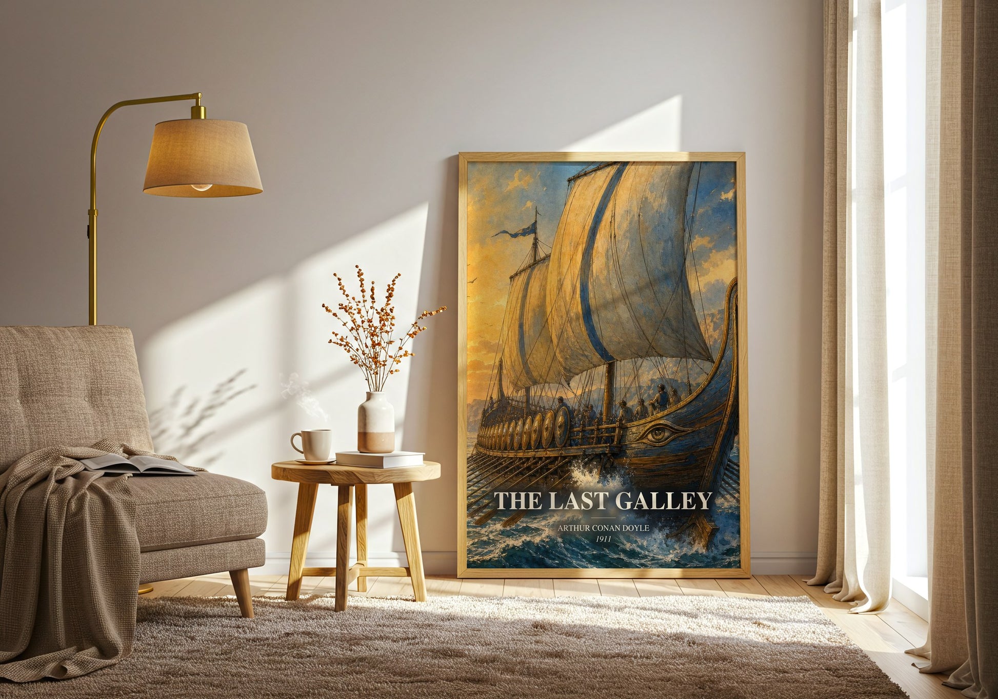 The Last Galley watercolour print in frame leaning in hallway – historical fiction wall art