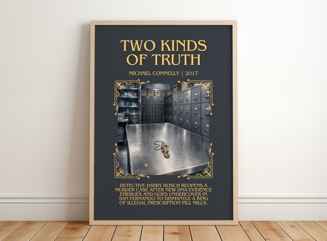 Two Kinds of Truth Minimalist Book Poster by Michael Connelly – framed print leaning on a wooden floor