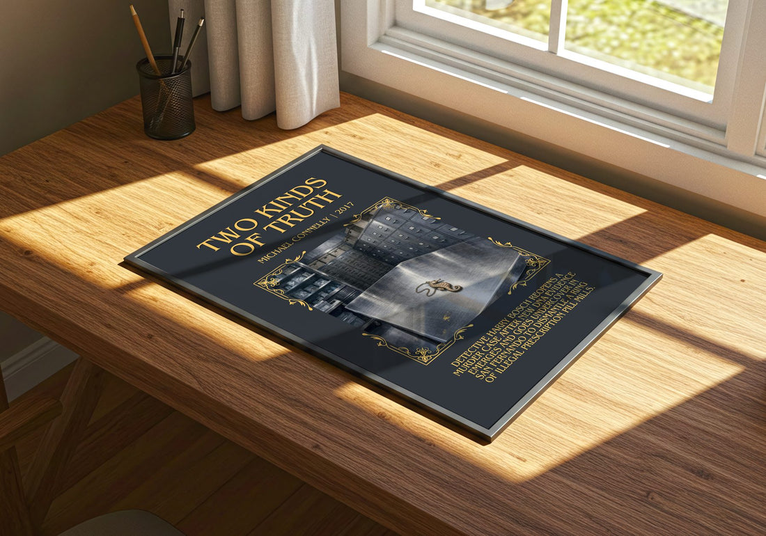 Two Kinds of Truth Minimalist Book Poster by Michael Connelly – print on a sunlit desk
