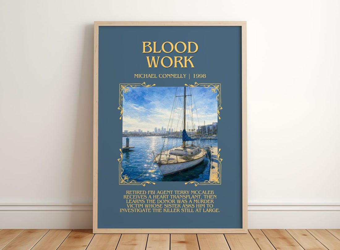Blood Work Minimalist Book Poster by Michael Connelly – framed print leaning on a wooden floor