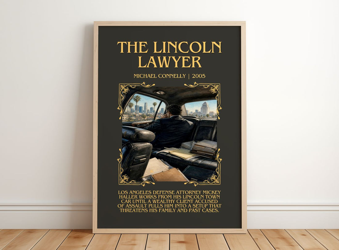 The Lincoln Lawyer Minimalist Book Poster by Michael Connelly – framed print leaning on a wooden floor
