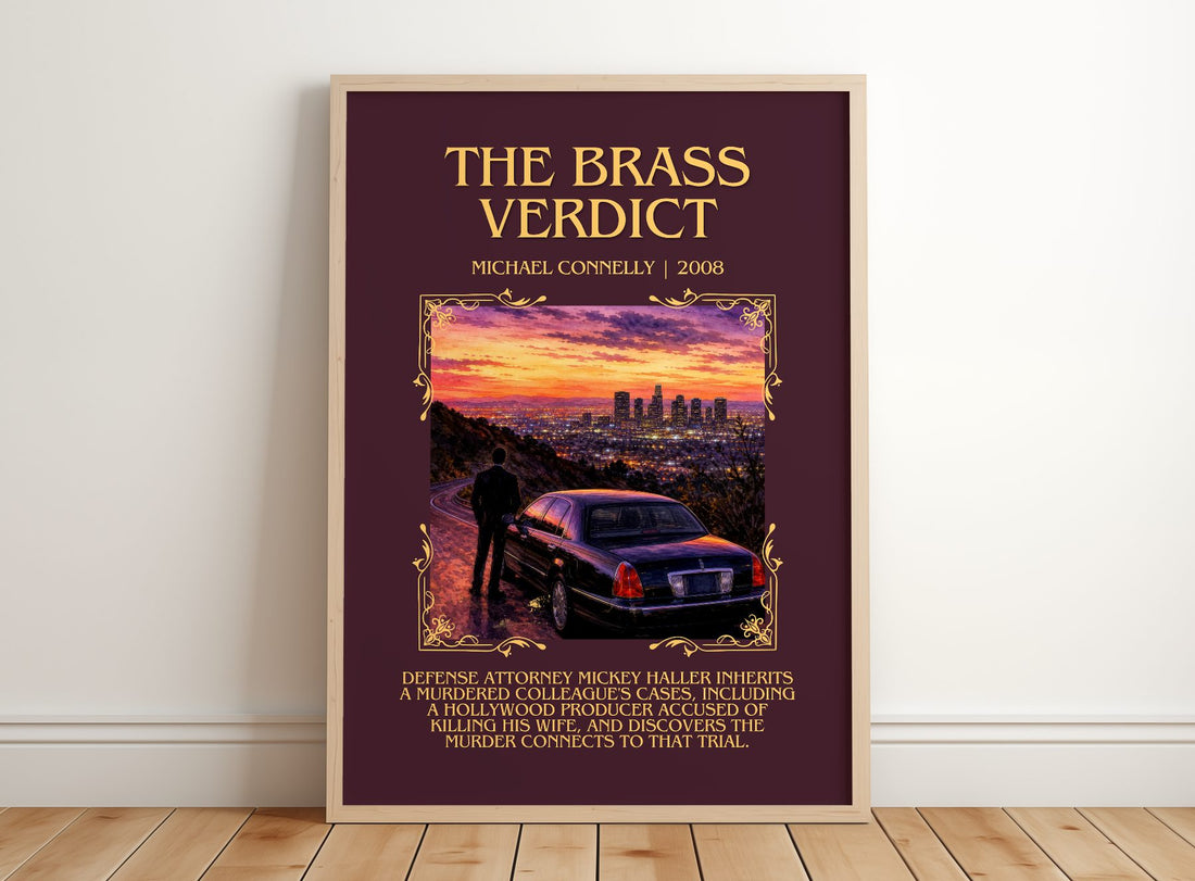 The Brass Verdict Minimalist Book Poster by Michael Connelly – framed print leaning on a wooden floor