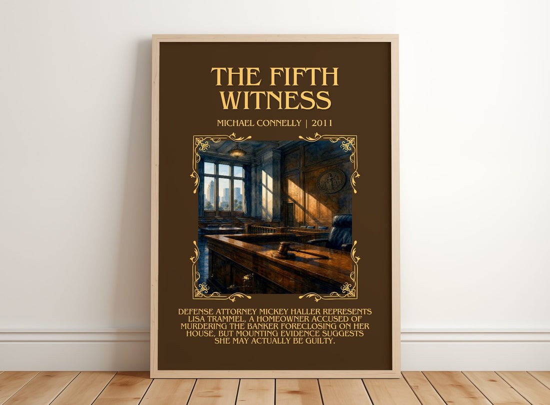 The Fifth Witness Minimalist Book Poster by Michael Connelly – framed print leaning on a wooden floor