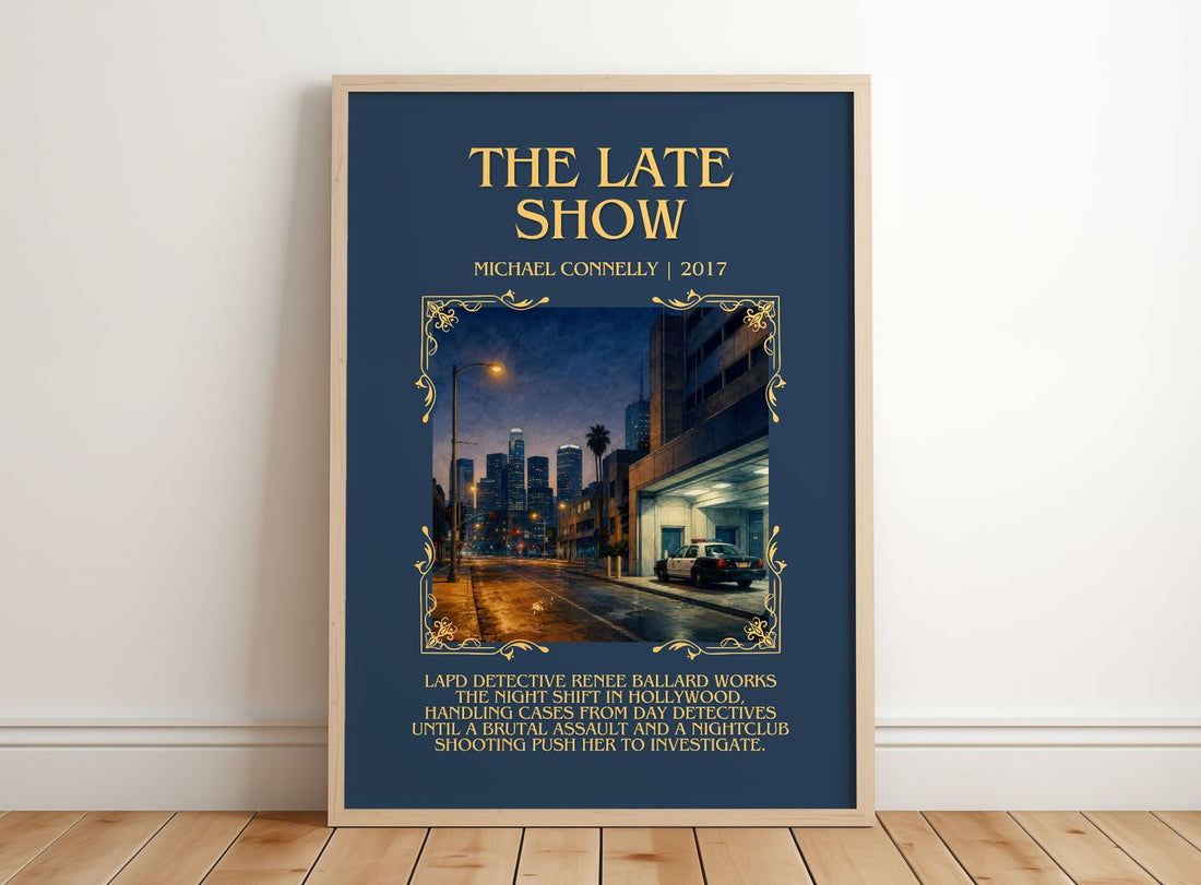 The Late Show Minimalist Book Poster by Michael Connelly – framed print leaning on a wooden floor
