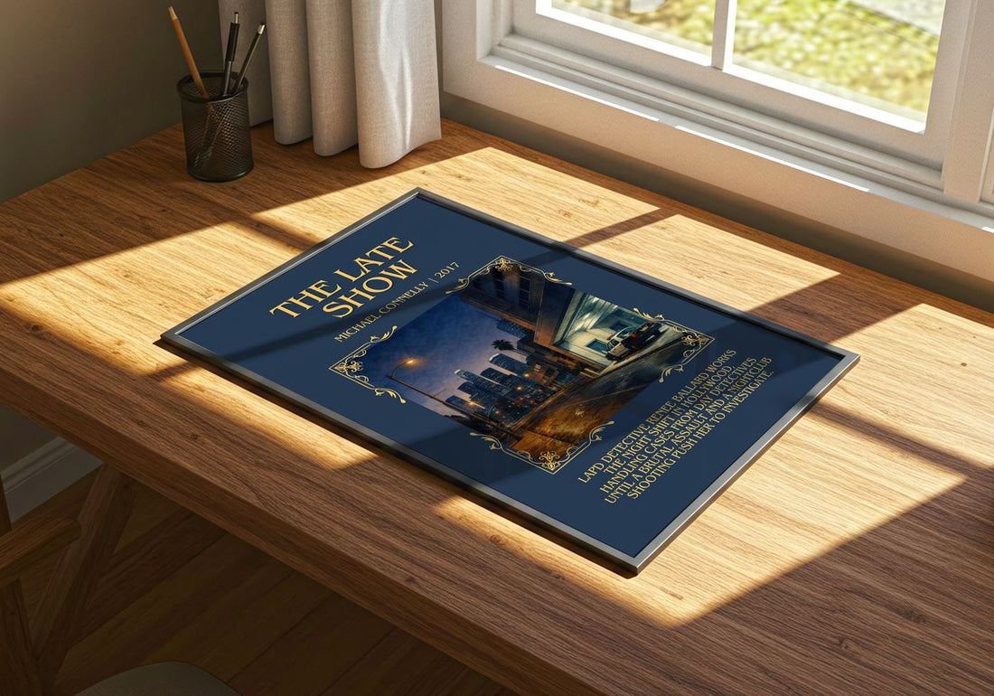 The Late Show Minimalist Book Poster by Michael Connelly – print on a sunlit desk