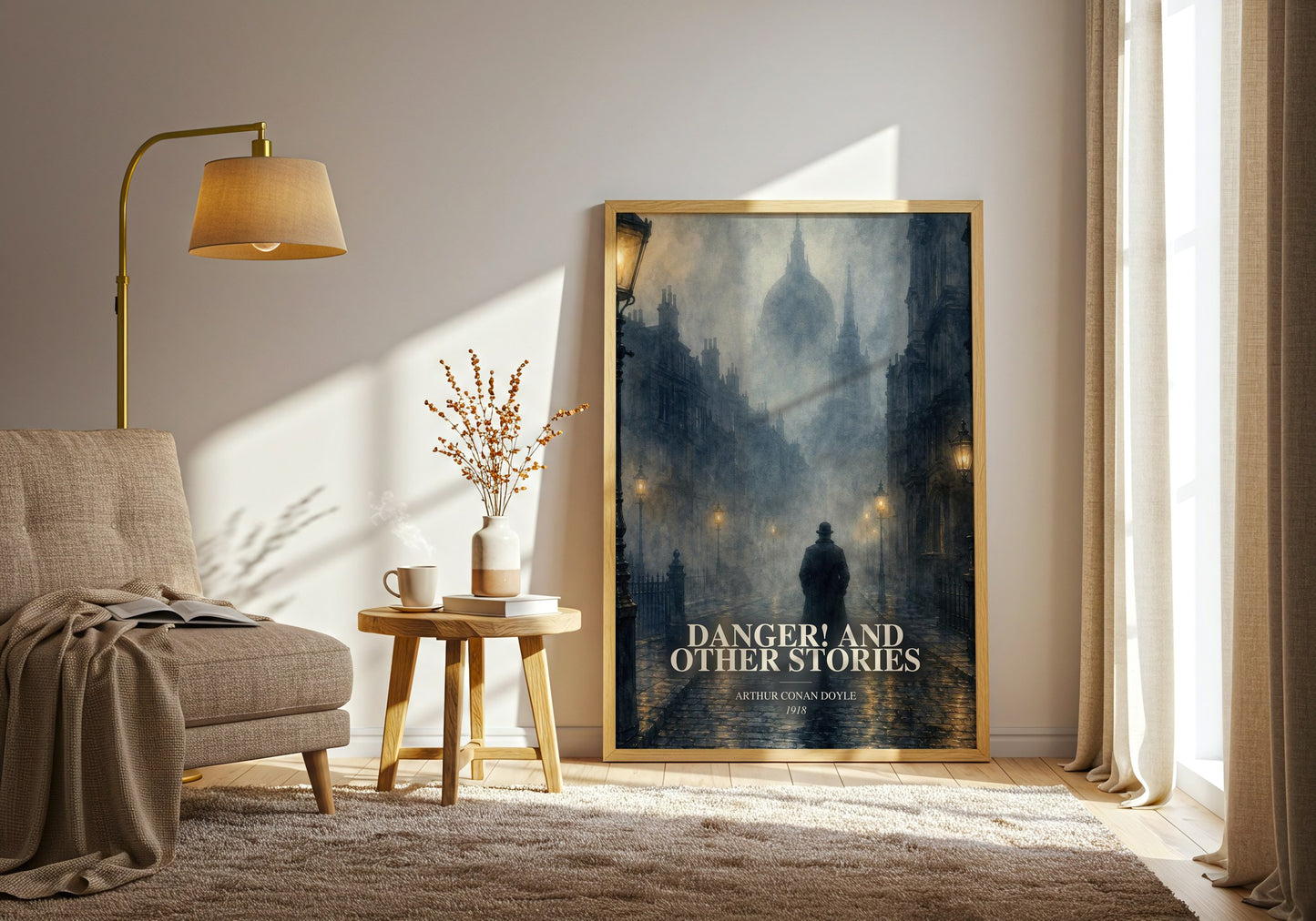 Danger! And Other Stories watercolour print in frame leaning in hallway – mystery wall art