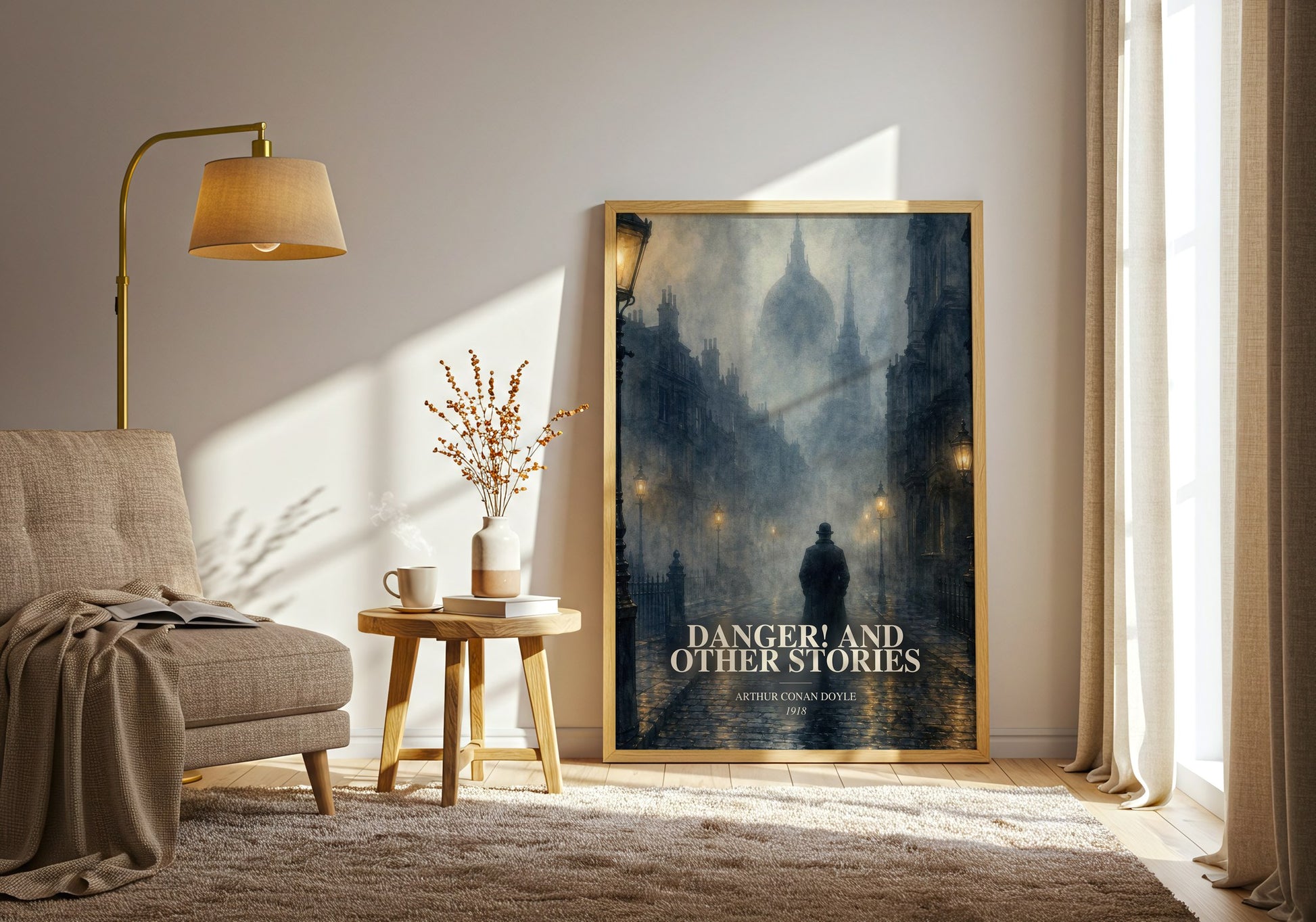 Danger! And Other Stories watercolour print in frame leaning in hallway – mystery wall art