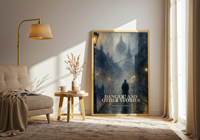 Danger! And Other Stories watercolour print in frame leaning in hallway – mystery wall art