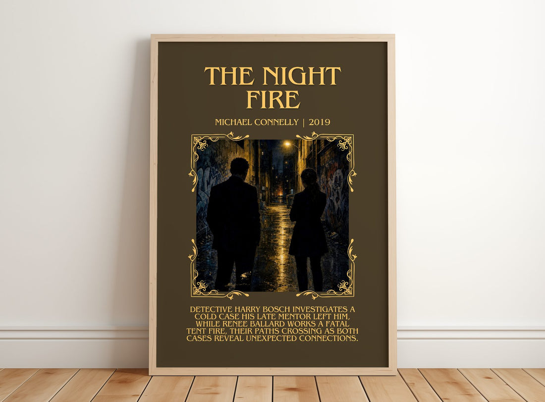 The Night Fire Minimalist Book Poster by Michael Connelly – framed print leaning on a wooden floor