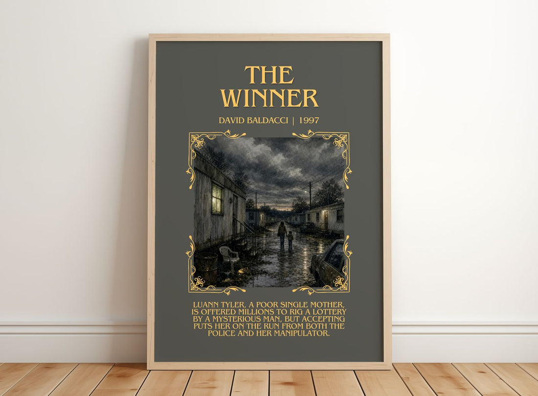 The Winner Minimalist Book Poster by David Baldacci – framed print leaning on a wooden floor
