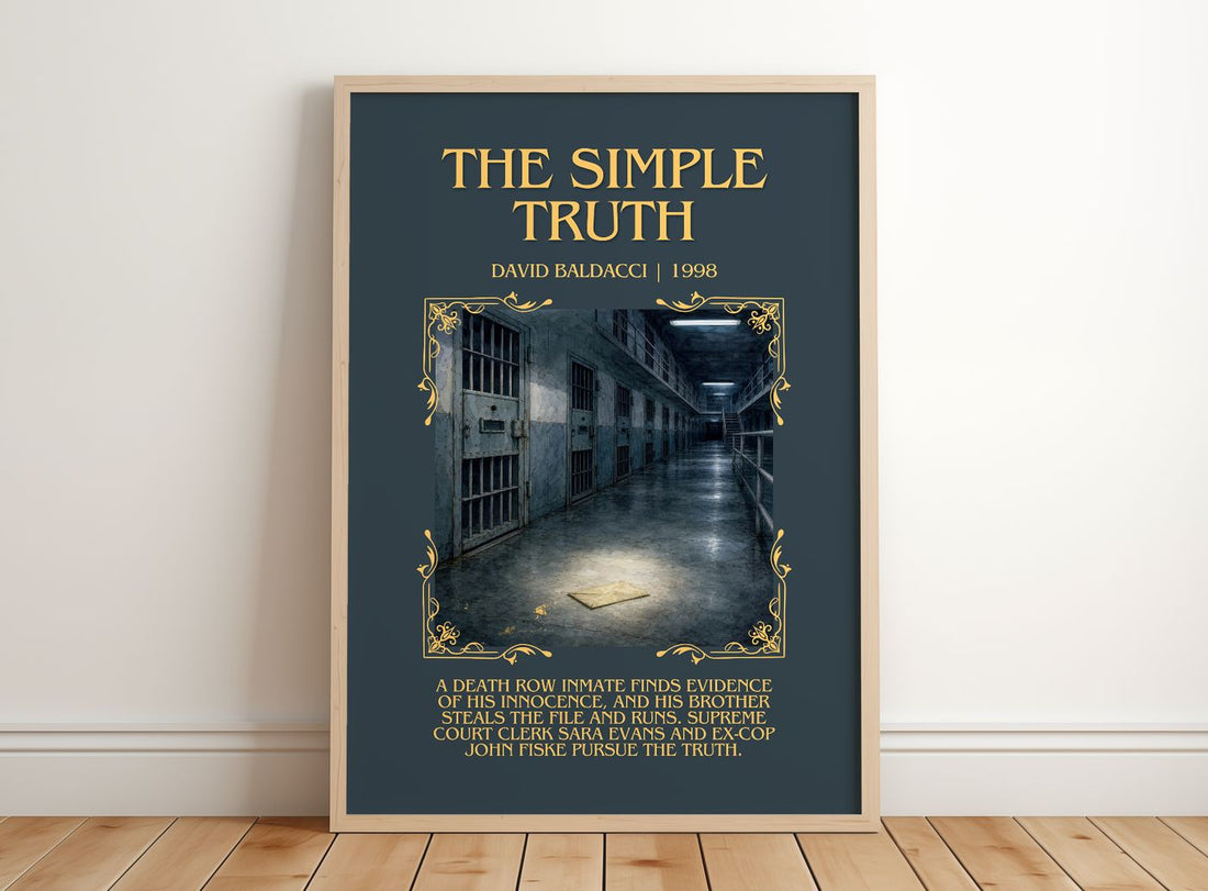 The Simple Truth Minimalist Book Poster by David Baldacci – framed print leaning on a wooden floor