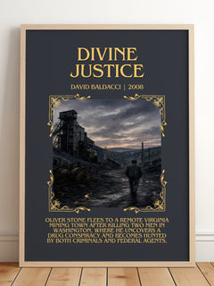 Divine Justice Minimalist Book Poster by David Baldacci – framed print leaning on a wooden floor