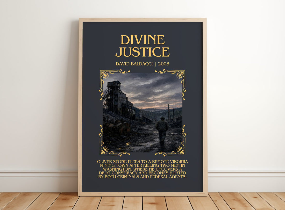 Divine Justice Minimalist Book Poster by David Baldacci – framed print leaning on a wooden floor