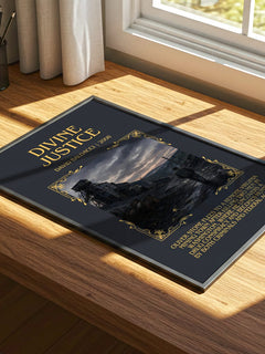 Divine Justice Minimalist Book Poster by David Baldacci – print on a sunlit desk