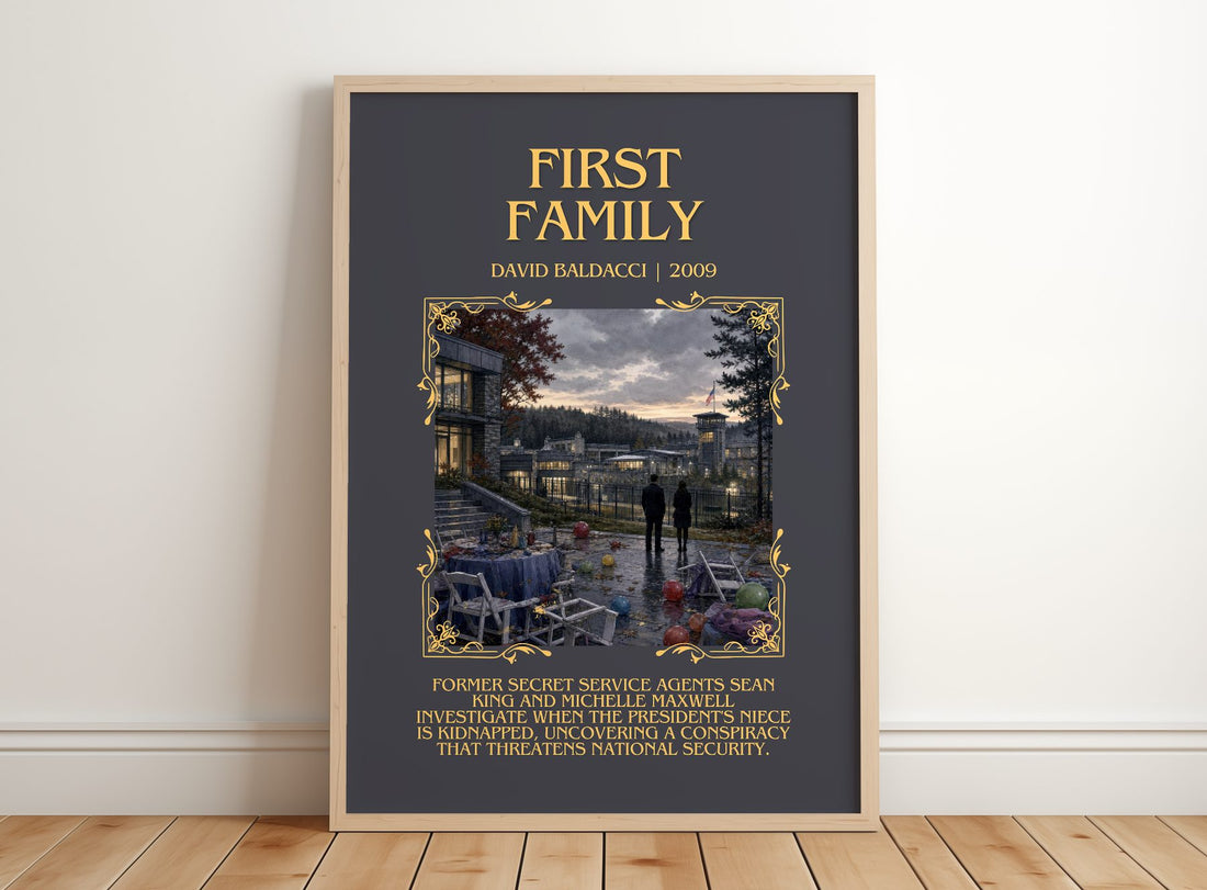First Family Minimalist Book Poster by David Baldacci – framed print leaning on a wooden floor