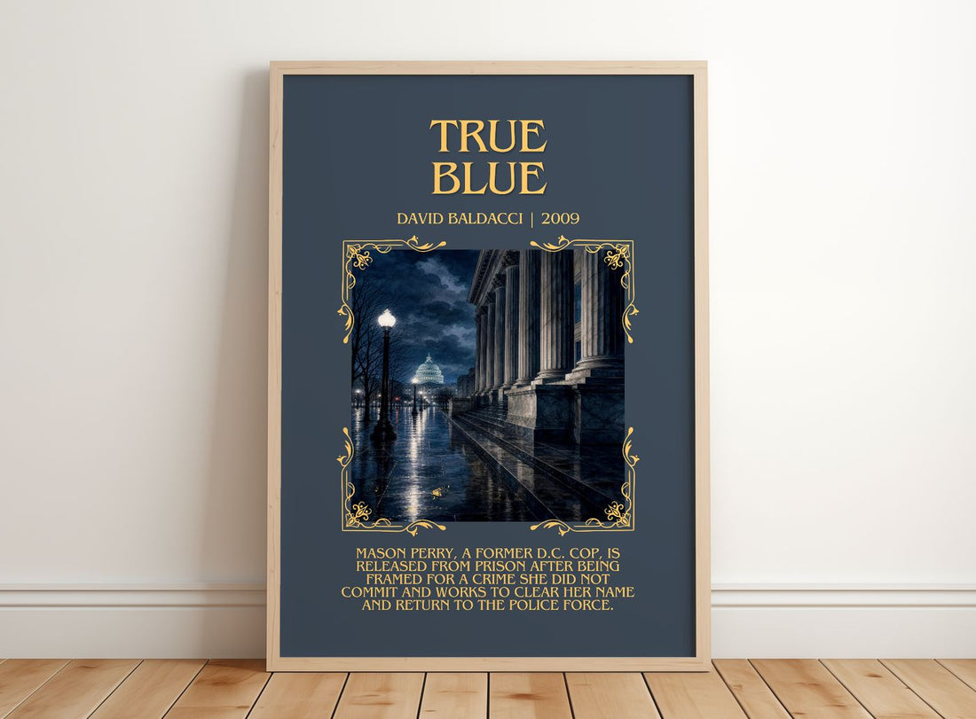 True Blue Minimalist Book Poster by David Baldacci – framed print leaning on a wooden floor