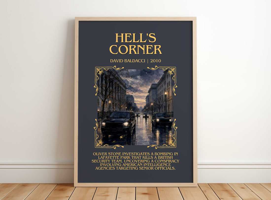 Hell's Corner Minimalist Book Poster by David Baldacci – framed print leaning on a wooden floor