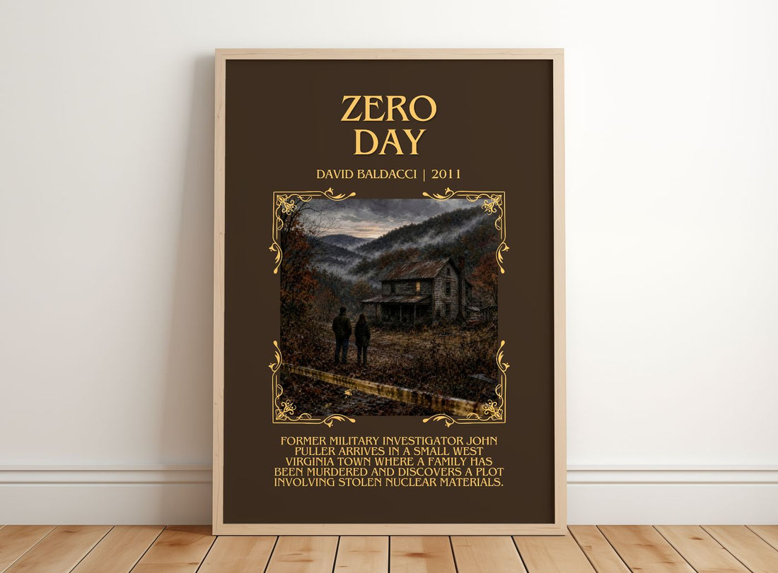 Zero Day Minimalist Book Poster by David Baldacci – framed print leaning on a wooden floor