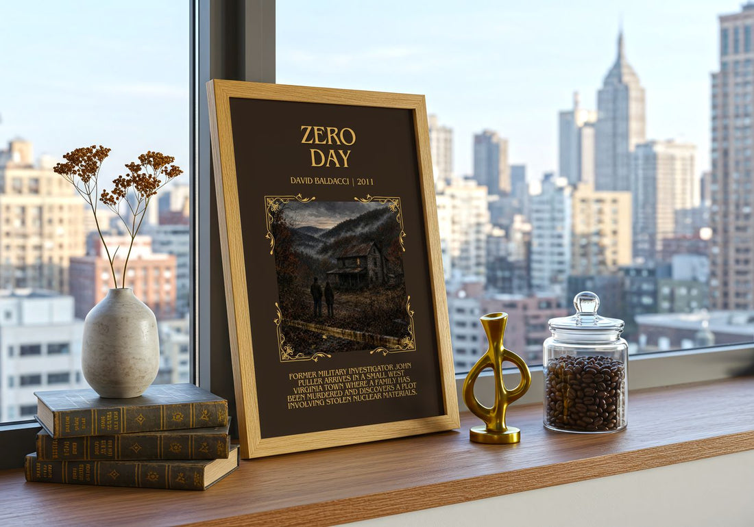 Zero Day Minimalist Book Poster by David Baldacci – framed print on a city-view windowsill