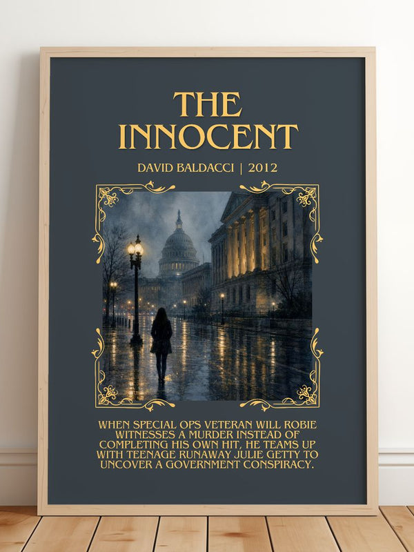 The Innocent Minimalist Book Poster by David Baldacci – framed print leaning on a wooden floor