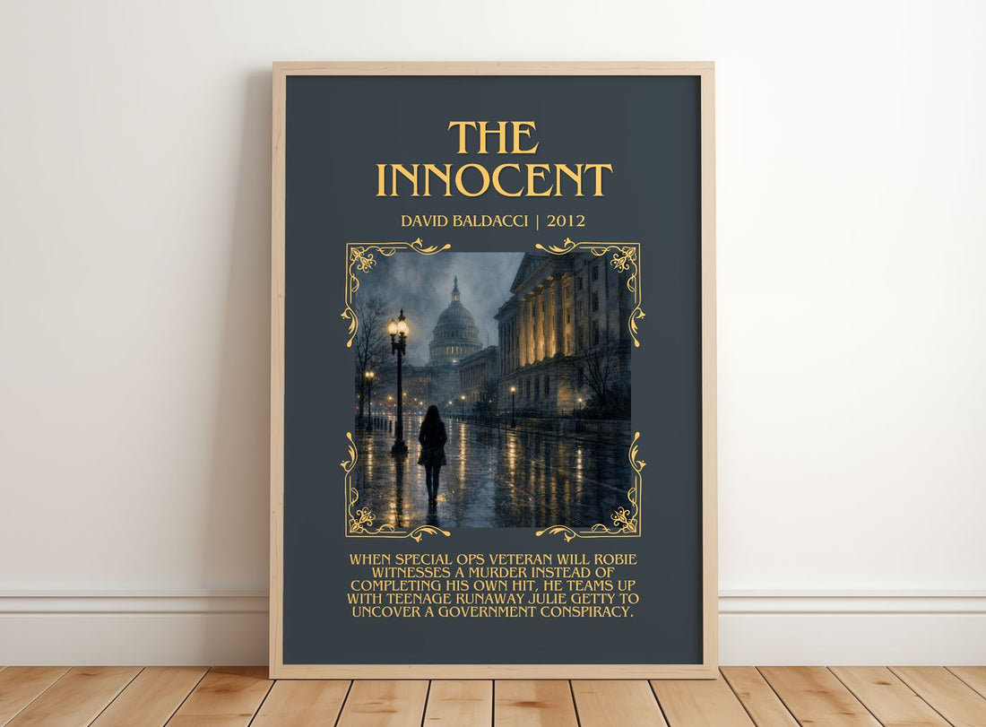 The Innocent Minimalist Book Poster by David Baldacci – framed print leaning on a wooden floor