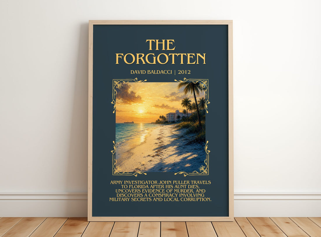 The Forgotten Minimalist Book Poster by David Baldacci – framed print leaning on a wooden floor