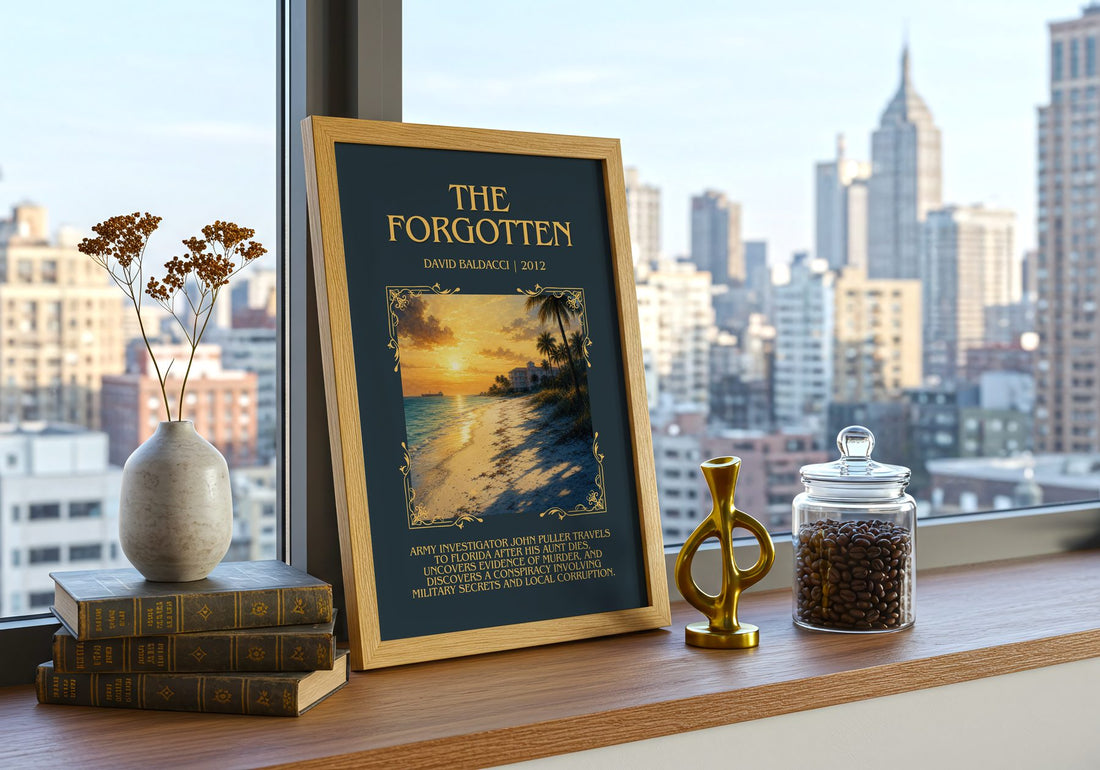 The Forgotten Minimalist Book Poster by David Baldacci – framed print on a city-view windowsill