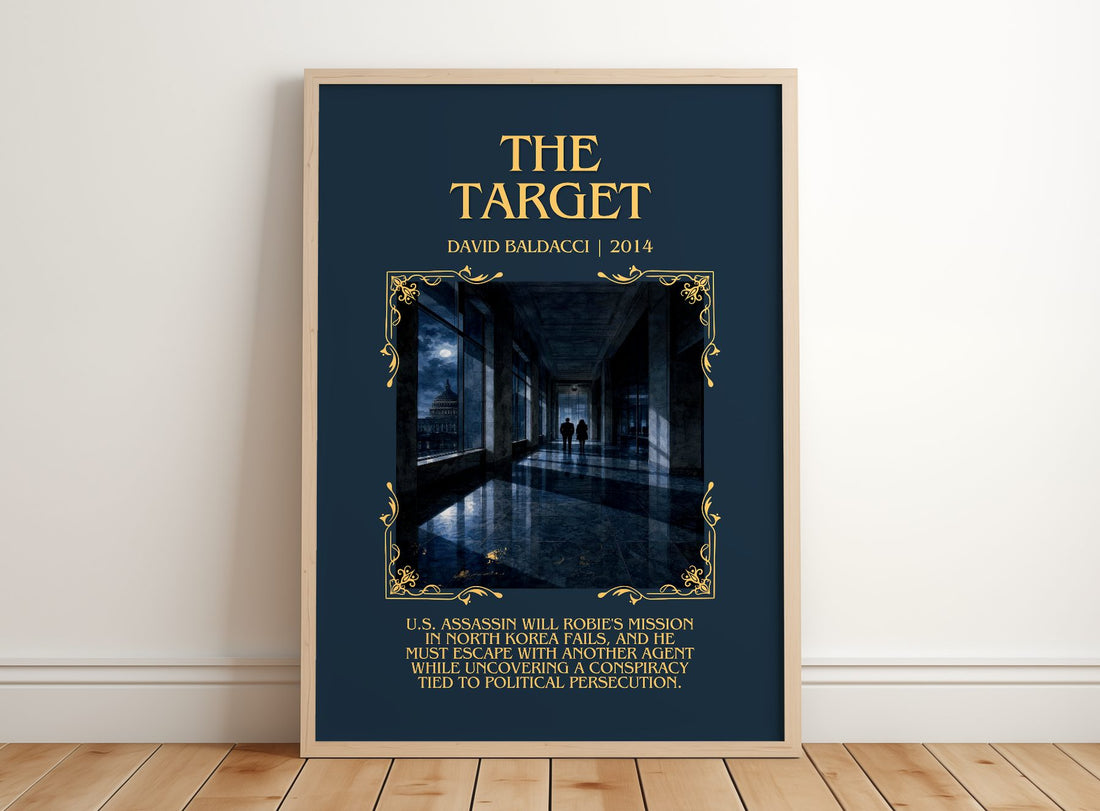 The Target Minimalist Book Poster by David Baldacci – framed print leaning on a wooden floor