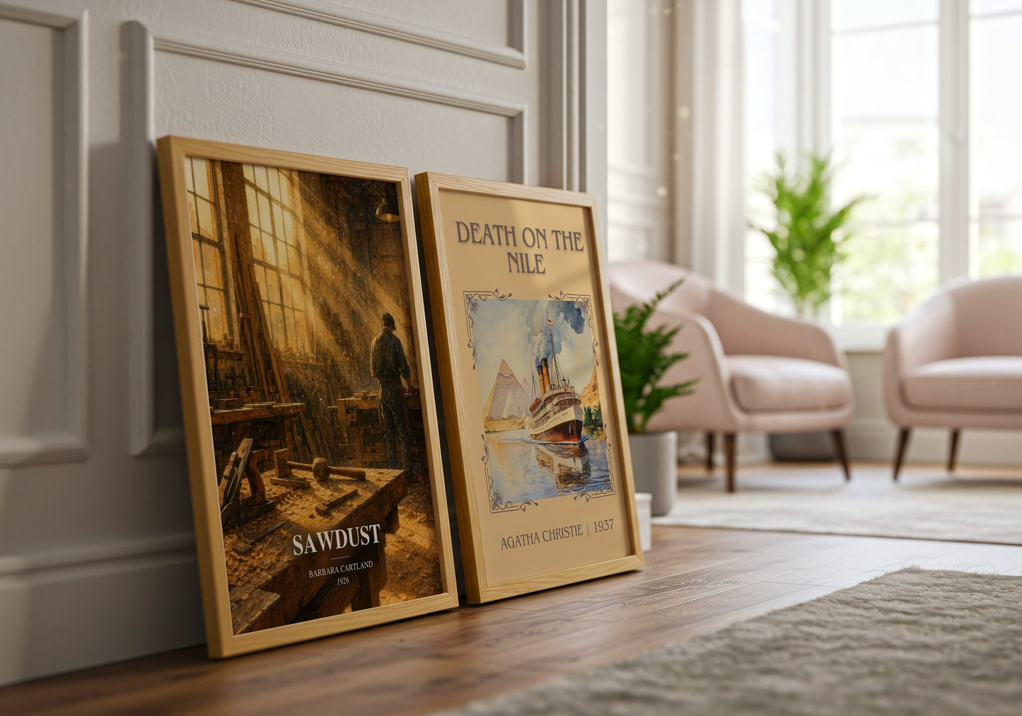 Sawdust watercolour print framed by window – literary home decor