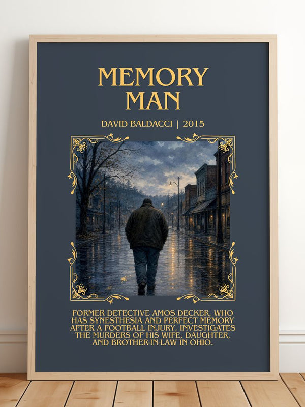 Memory Man Minimalist Book Poster by David Baldacci – framed print leaning on a wooden floor