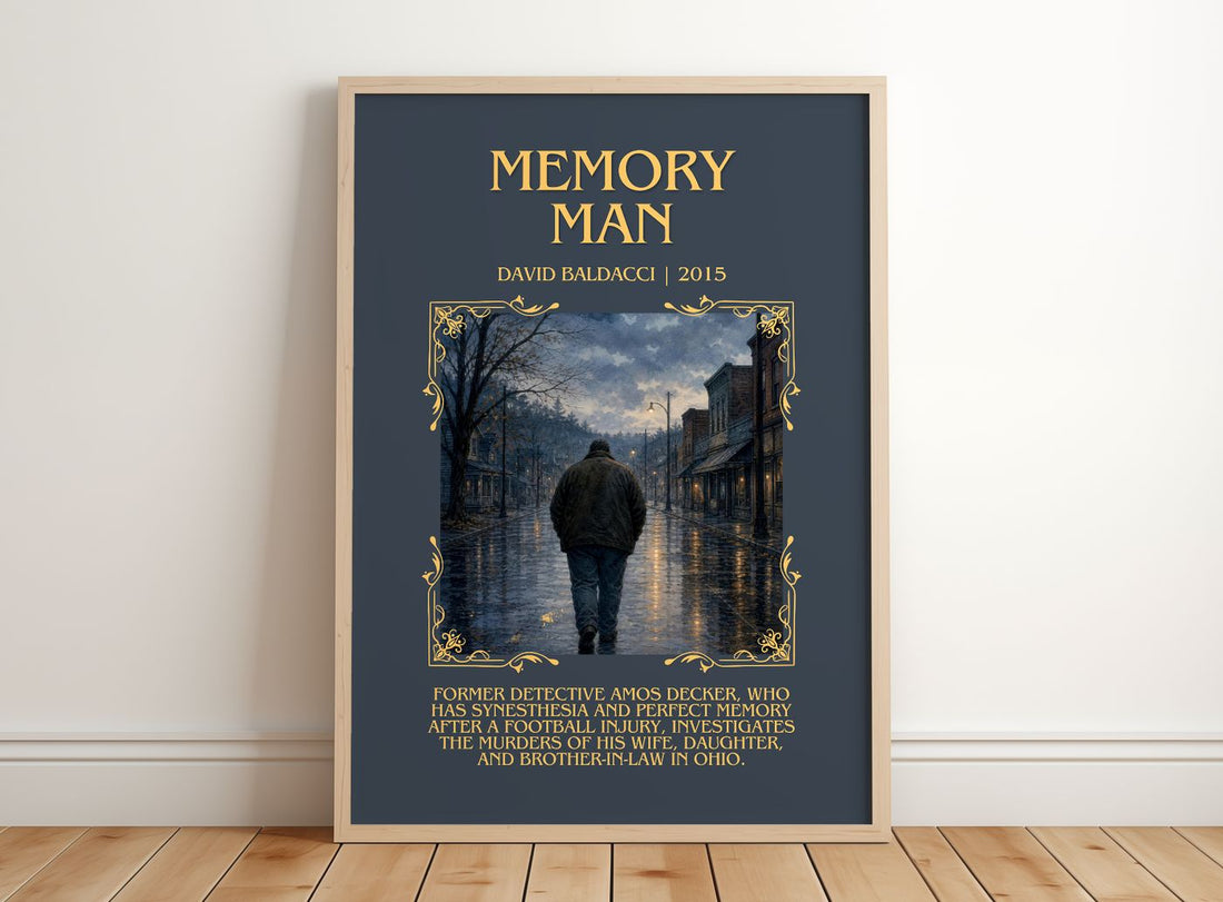 Memory Man Minimalist Book Poster by David Baldacci – framed print leaning on a wooden floor