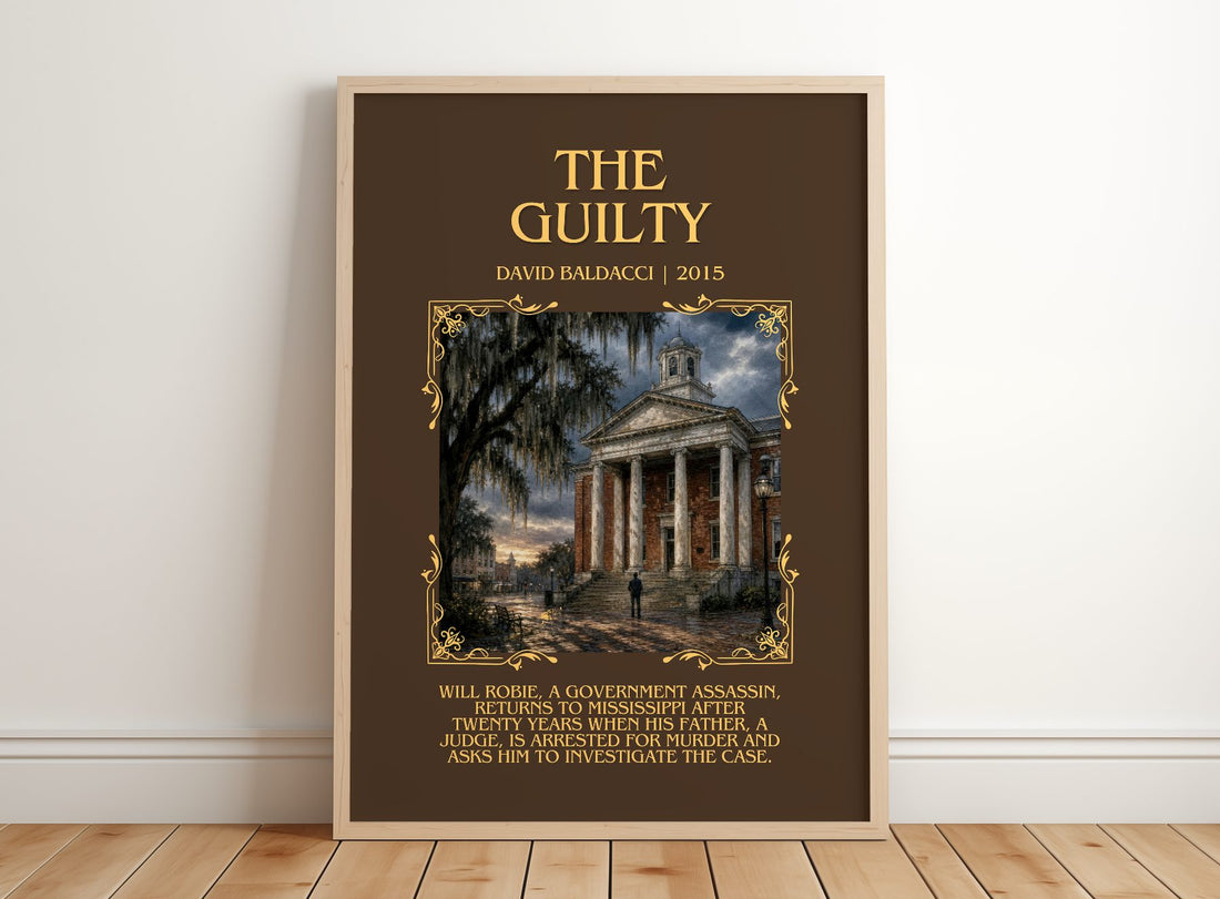 The Guilty Minimalist Book Poster by David Baldacci – framed print leaning on a wooden floor