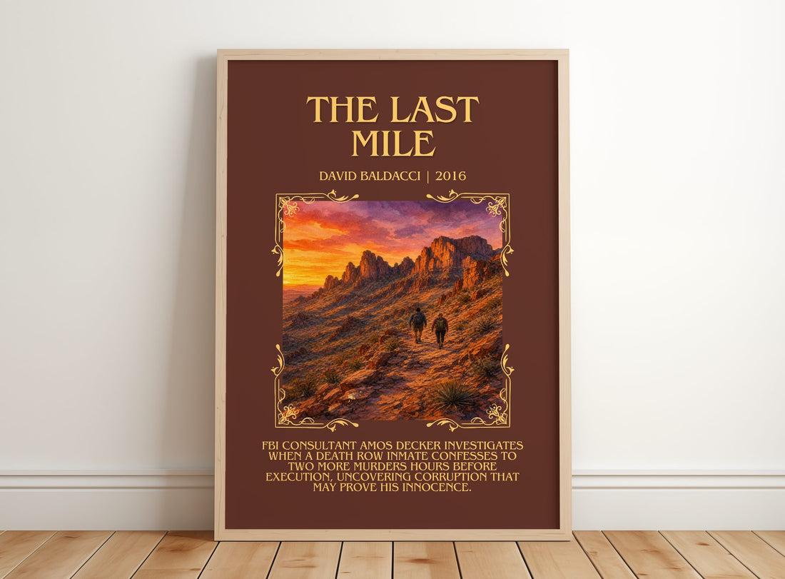 The Last Mile Minimalist Book Poster by David Baldacci – framed print leaning on a wooden floor