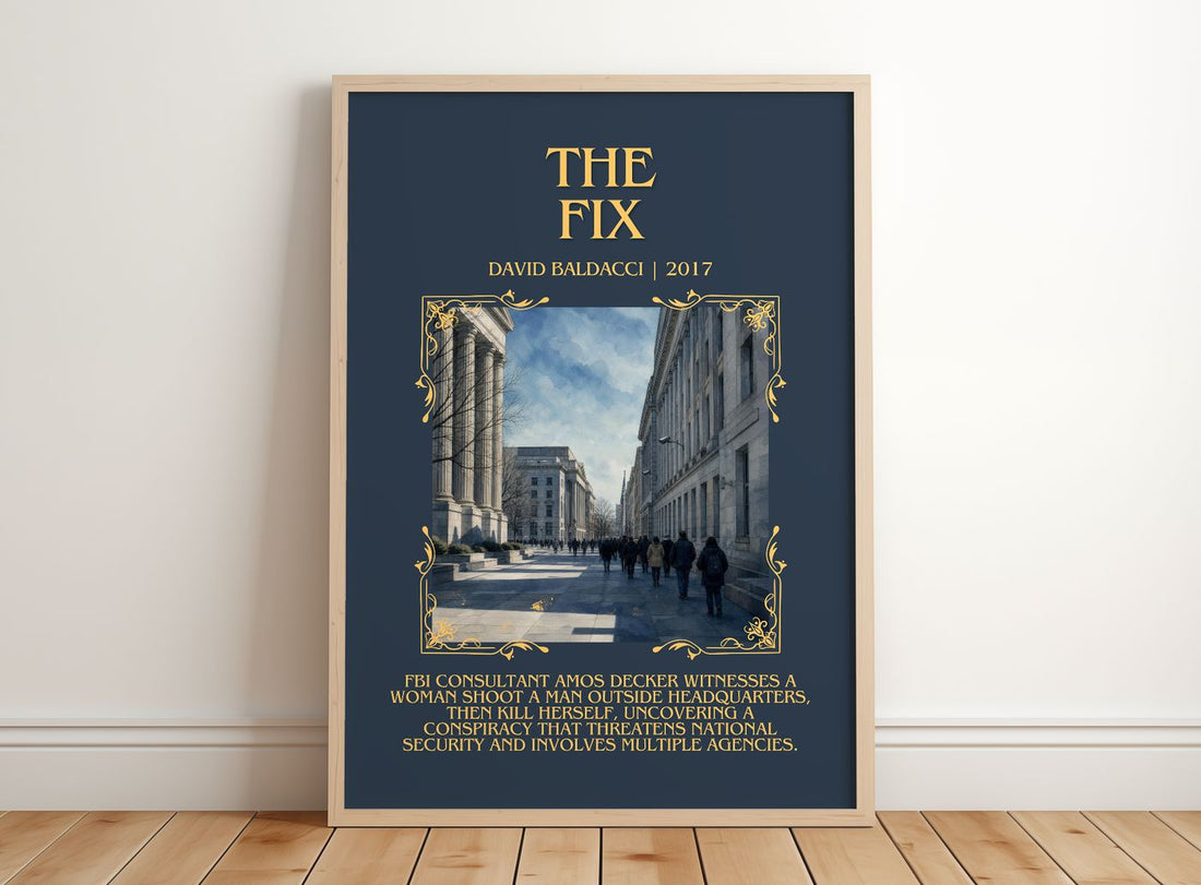 The Fix Minimalist Book Poster by David Baldacci – framed print leaning on a wooden floor