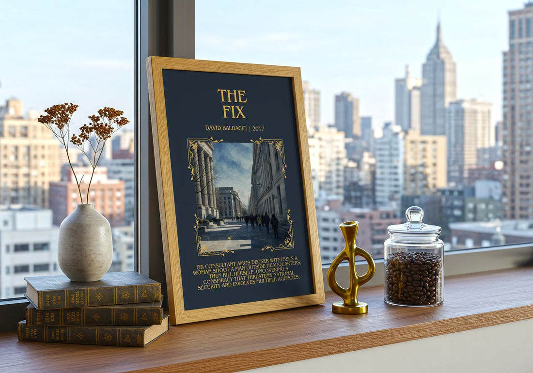 The Fix Minimalist Book Poster by David Baldacci – framed print on a city-view windowsill
