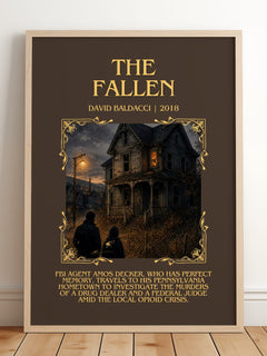 The Fallen Minimalist Book Poster by David Baldacci – framed print leaning on a wooden floor