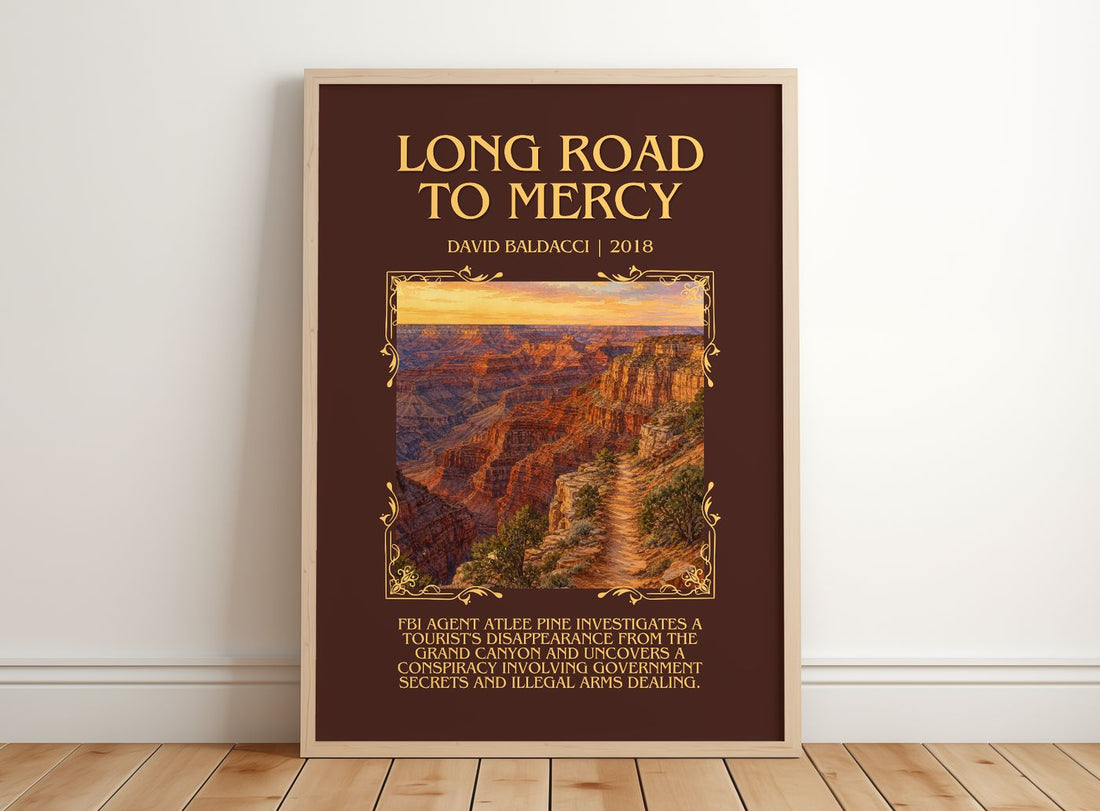 Long Road to Mercy Minimalist Book Poster by David Baldacci – framed print leaning on a wooden floor