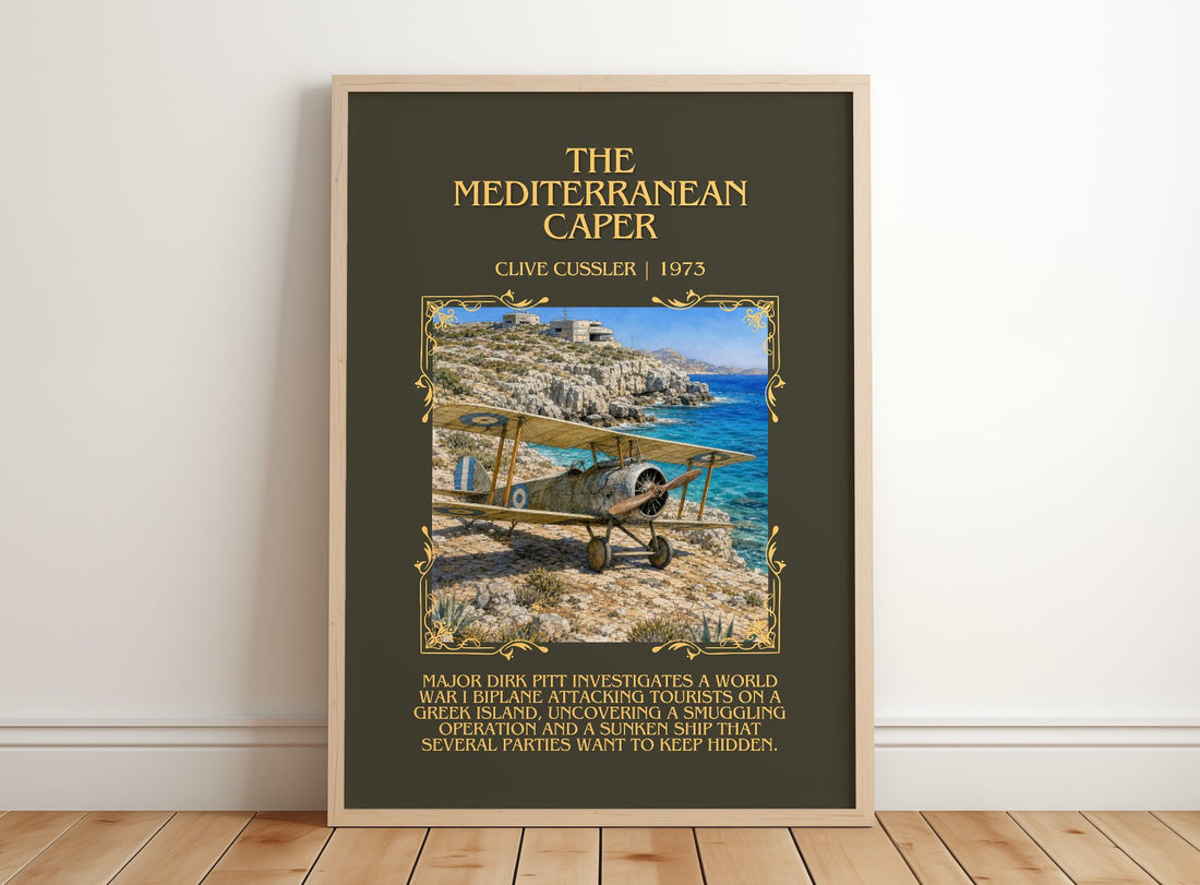 The Mediterranean Caper Minimalist Book Poster by Clive Cussler – framed print leaning on a wooden floor