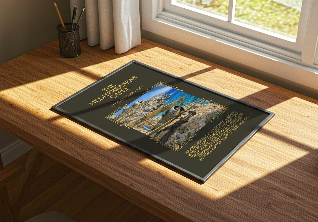 The Mediterranean Caper Minimalist Book Poster by Clive Cussler – print on a sunlit desk