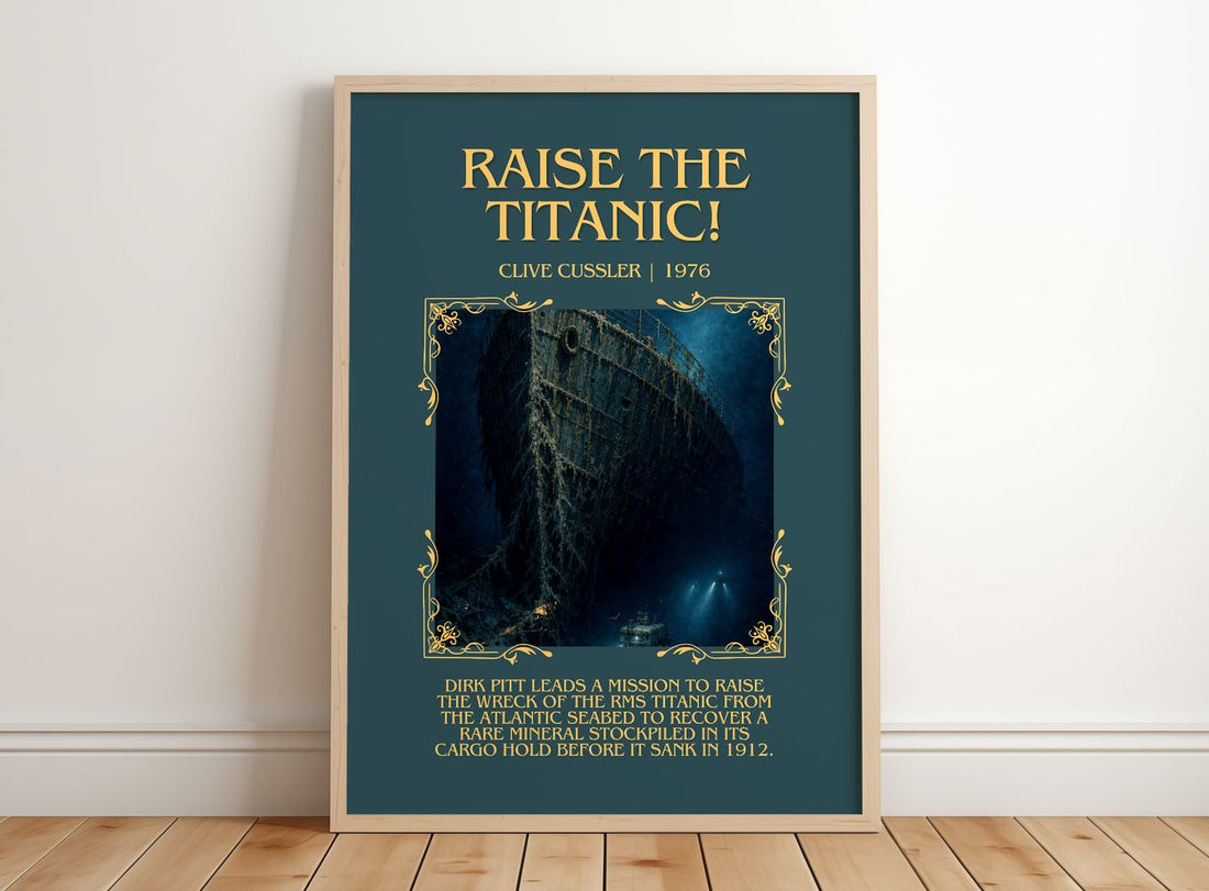 Raise the Titanic! Minimalist Book Poster by Clive Cussler – framed print leaning on a wooden floor