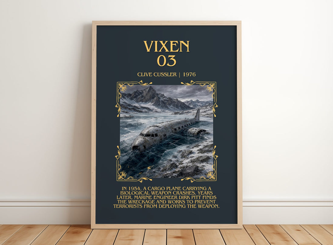 Vixen 03 Minimalist Book Poster by Clive Cussler – framed print leaning on a wooden floor