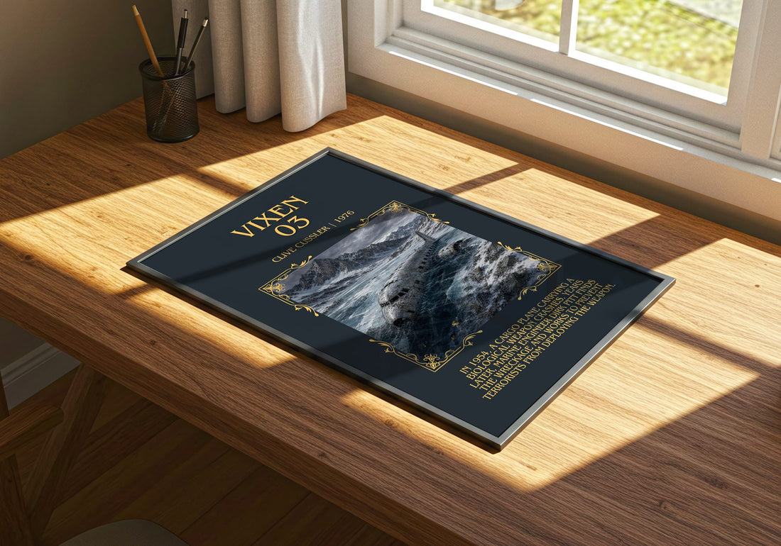 Vixen 03 Minimalist Book Poster by Clive Cussler – print on a sunlit desk