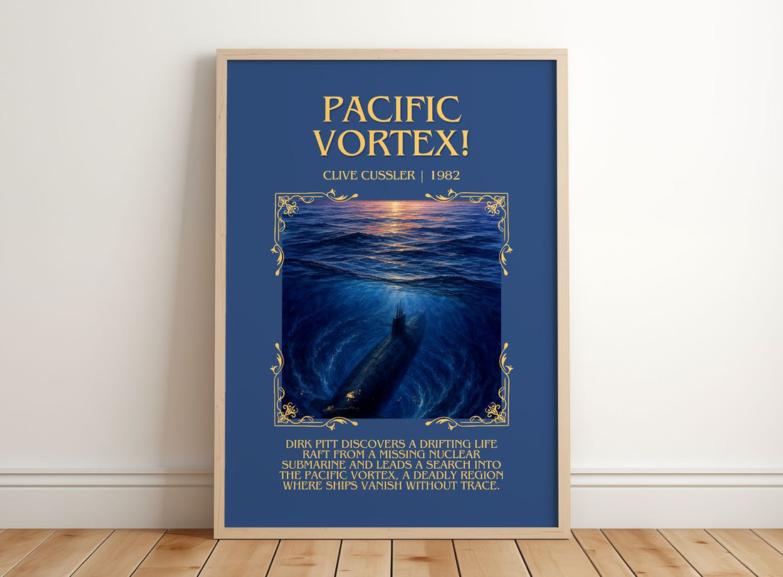 Pacific Vortex! Minimalist Book Poster by Clive Cussler – framed print leaning on a wooden floor