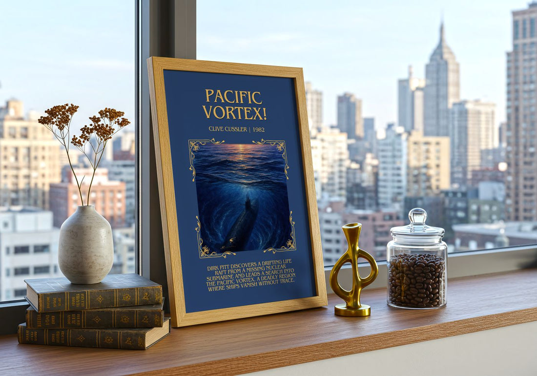 Pacific Vortex! Minimalist Book Poster by Clive Cussler – framed print on a city-view windowsill